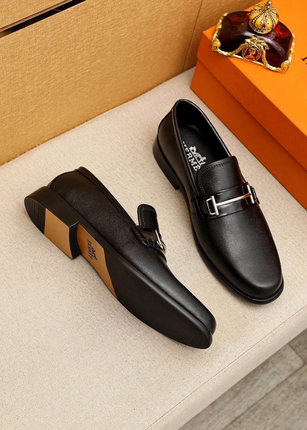 Hermès Black Hardware Slip-On Loafers — front
