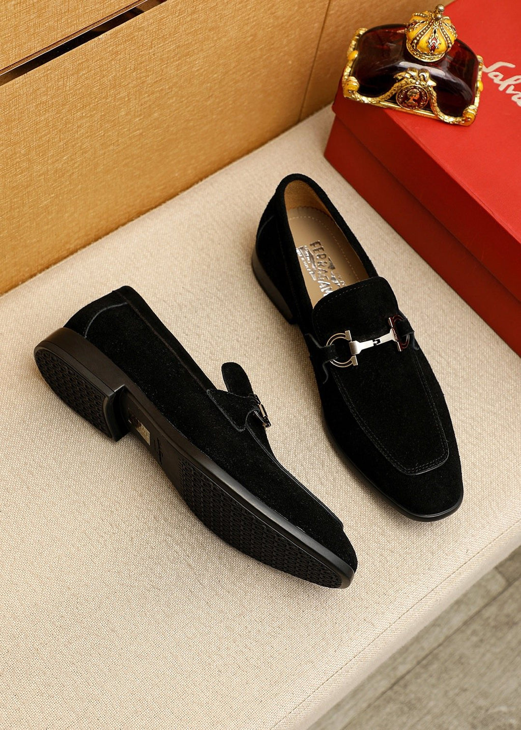Black Suede Buckle Slip-On Loafers — front