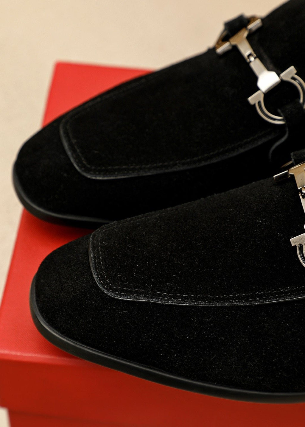 Black Suede Buckle Slip-On Loafers — detail