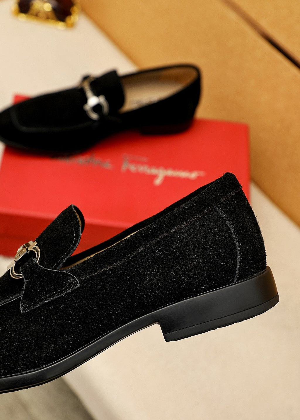 Black Suede Buckle Slip-On Loafers — detail