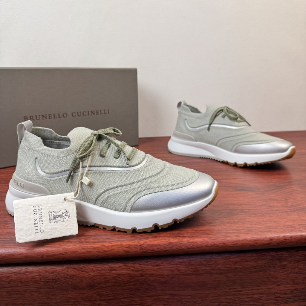 Brunello Cucinelli Light Green Knit Sneakers — hero