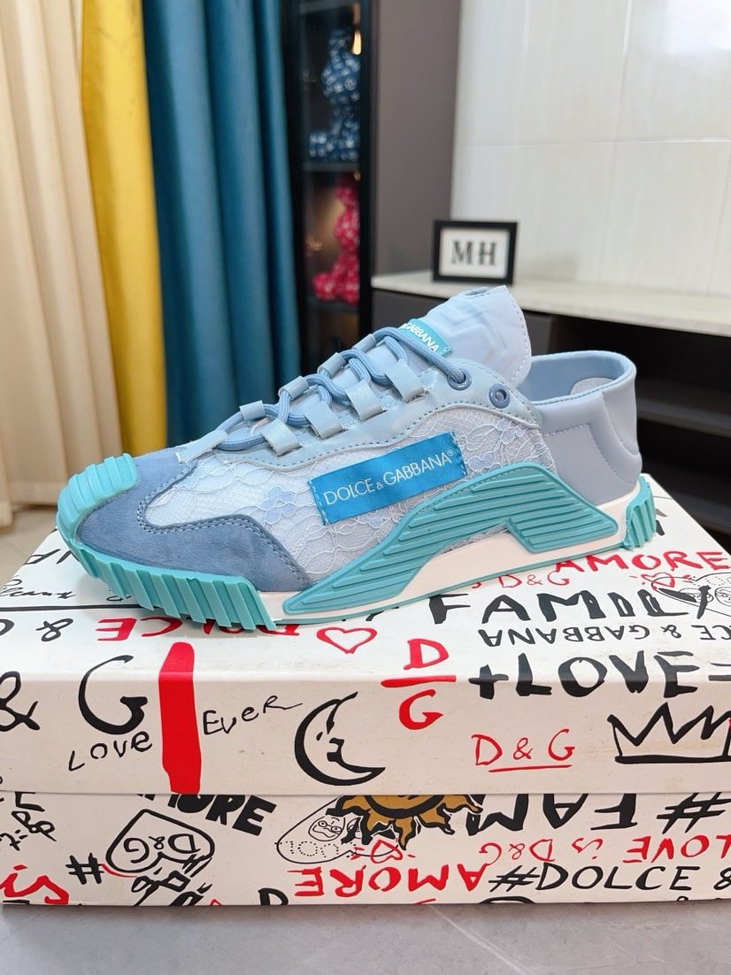 Dolce & Gabbana Turquoise Light Blue & White Sneakers — side