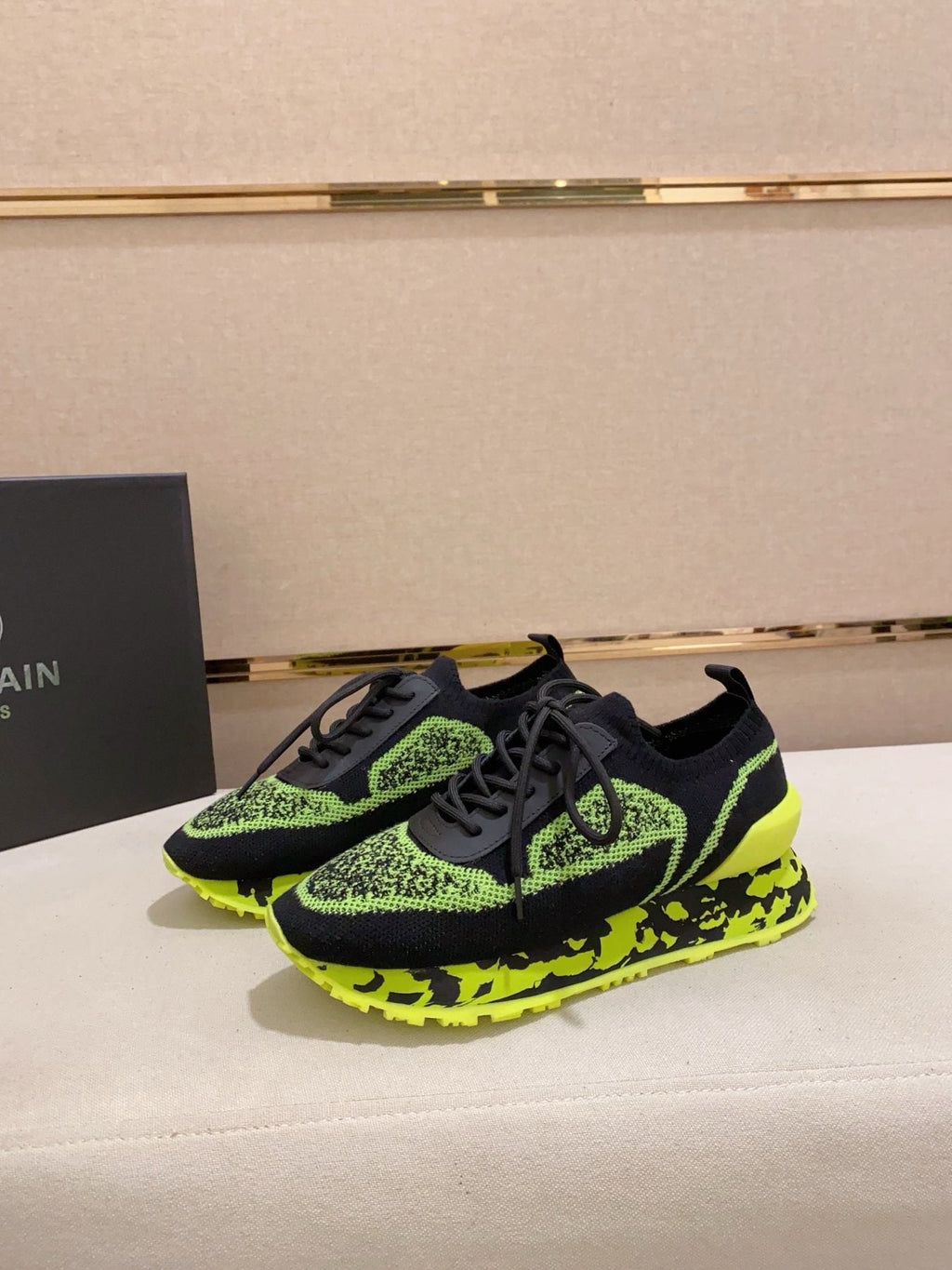 Balmain Neon Lime Knit Low-Top Sneakers — front