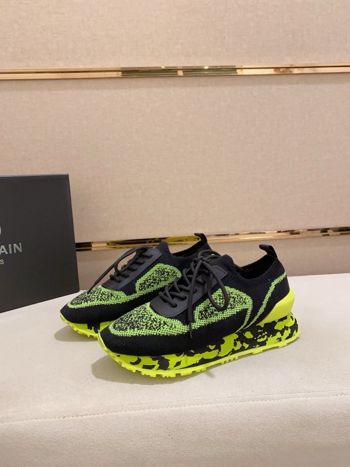 Balmain Neon Lime Knit Low-Top Sneakers — front