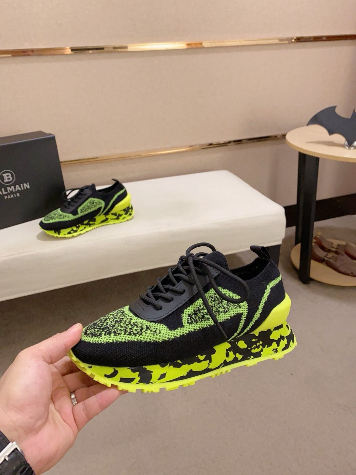 Balmain Neon Lime Knit Low-Top Sneakers — side