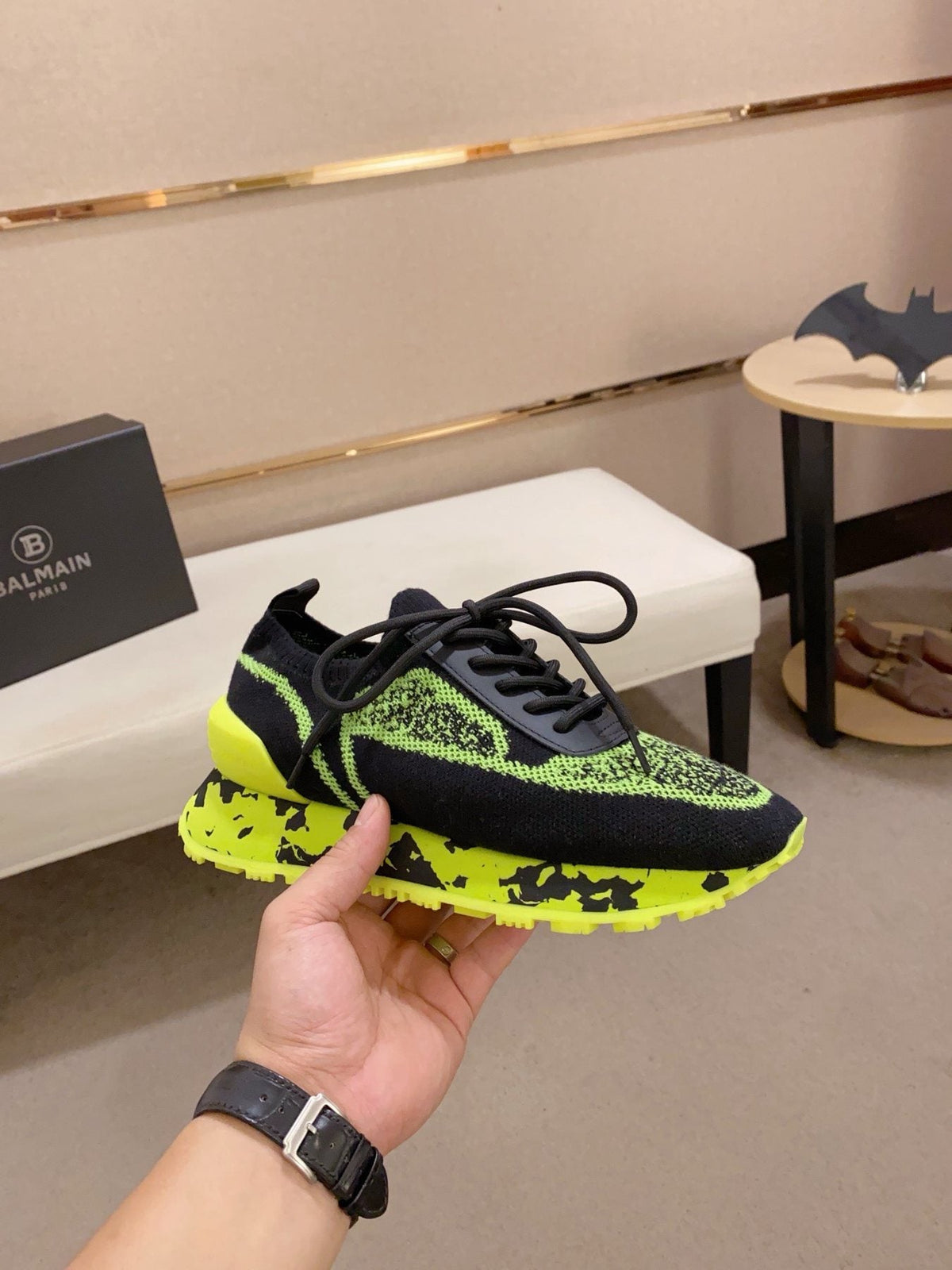 Balmain Neon Lime Knit Low-Top Sneakers — side
