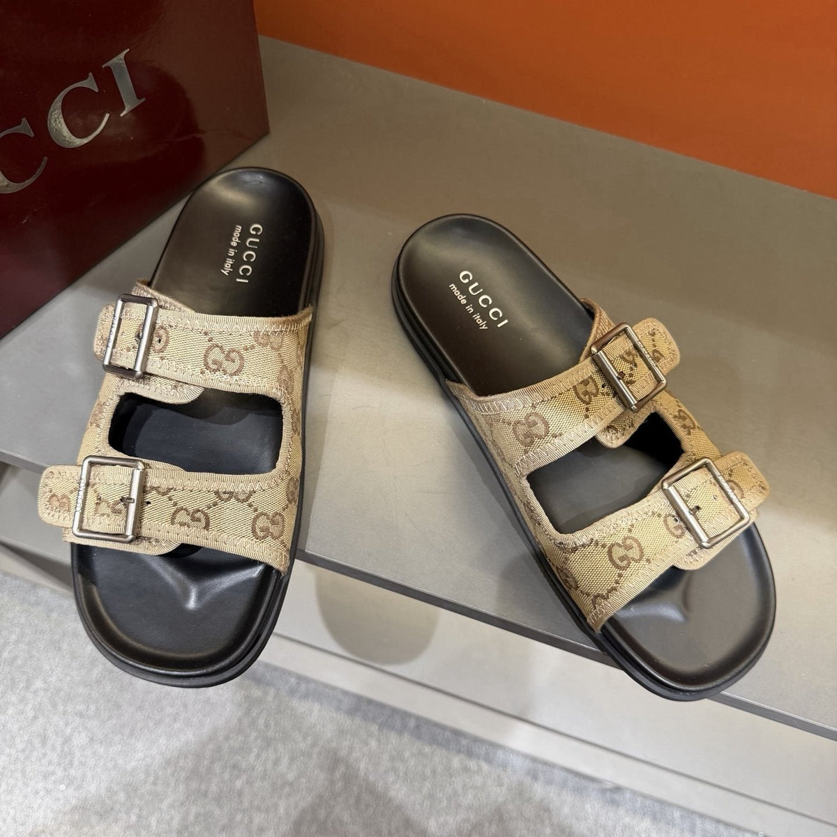 Gucci Double-Buckle Monogram Slide Sandals — front
