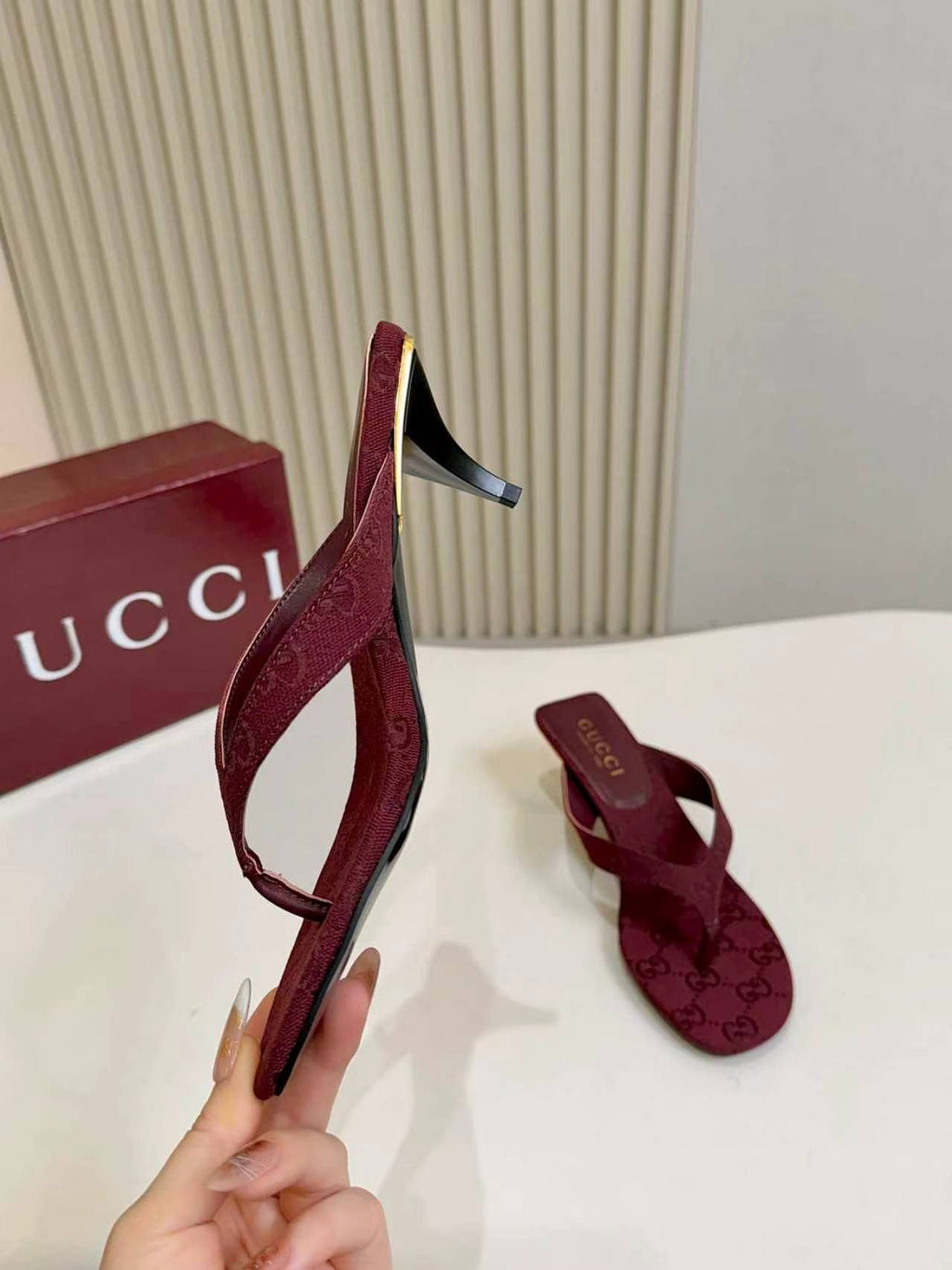 Gucci Monogram Thong Heel Sandals — side