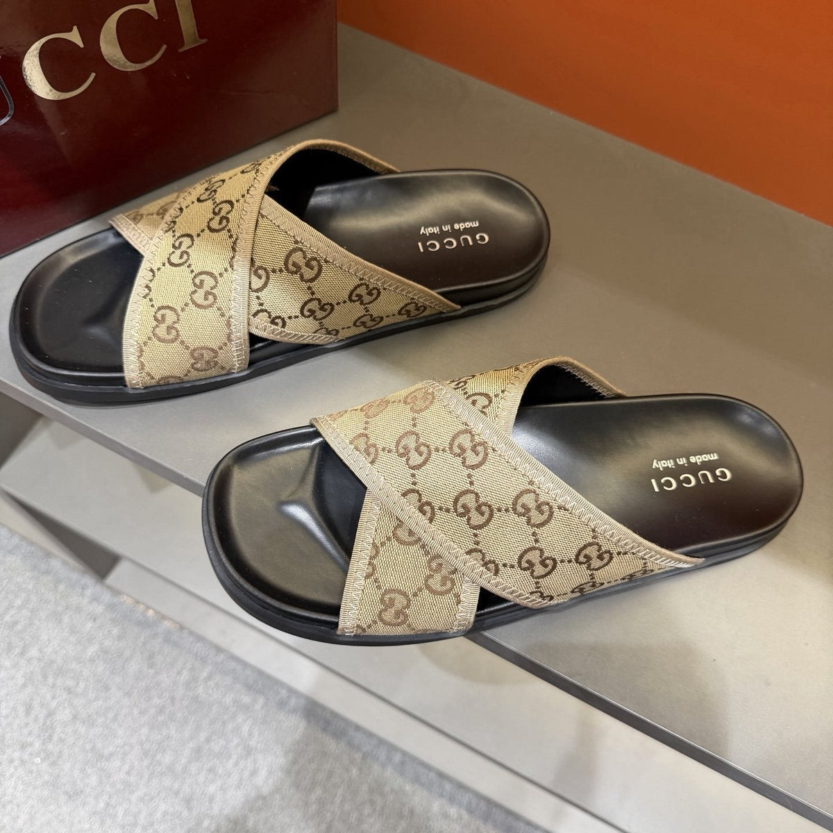 Gucci Patterned Cross-Strap Slide Sandals — front