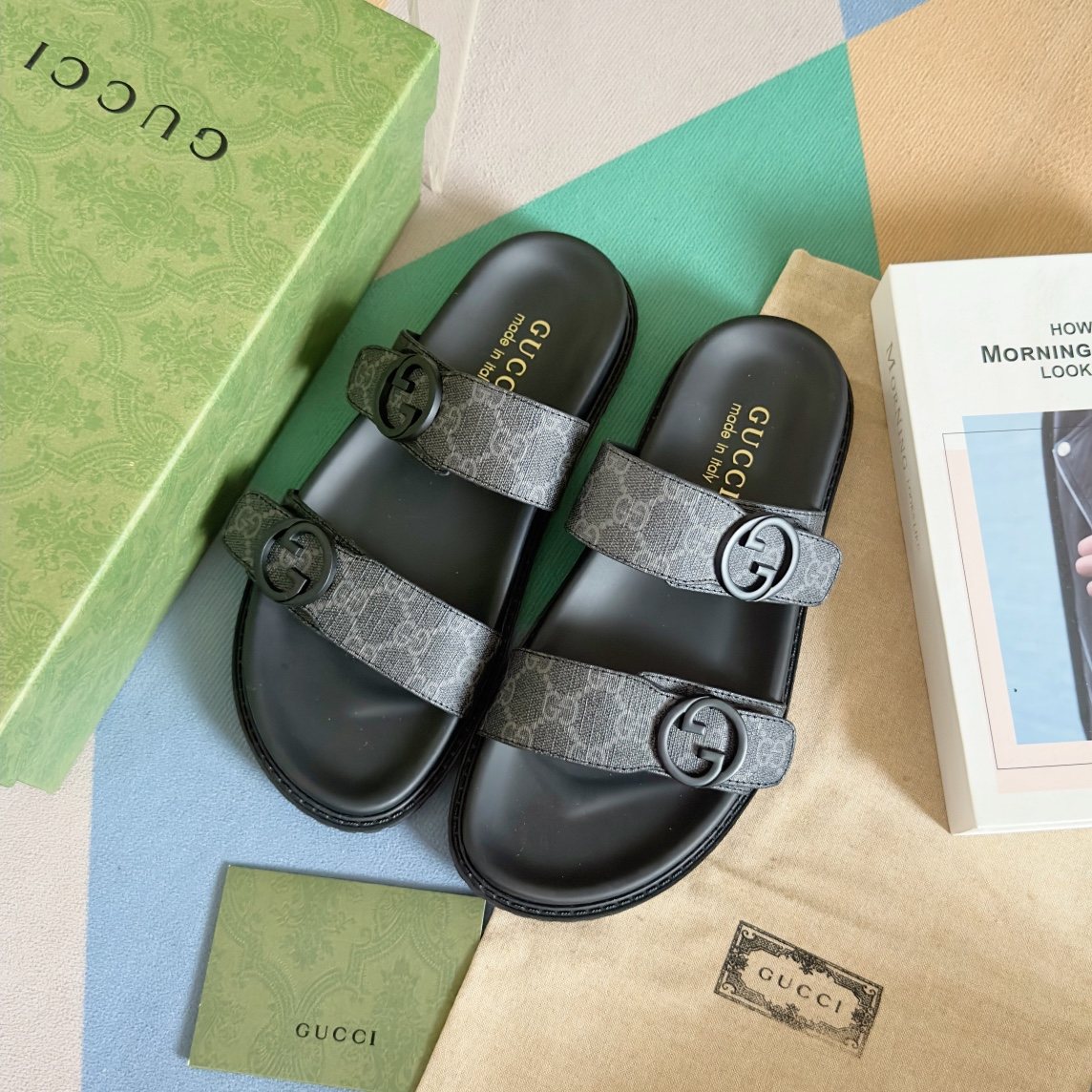 Gucci Gray Monogram Slide Sandals — front