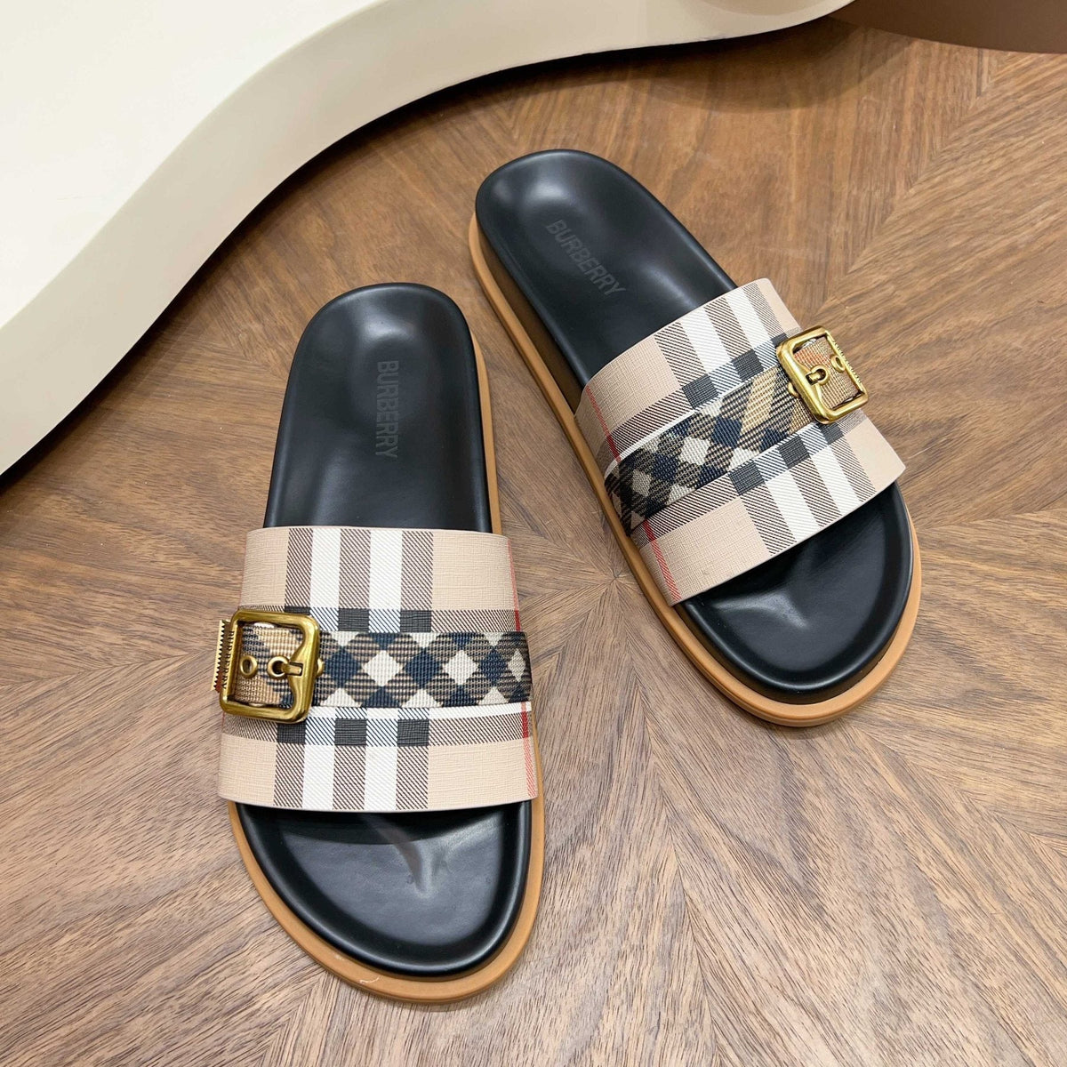 Burberry Check Buckle Slide Sandals — front