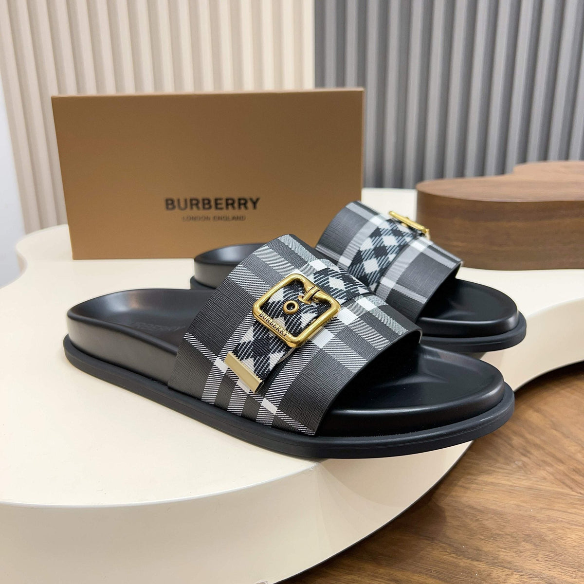 Burberry Check Buckle Slide Sandals — hero