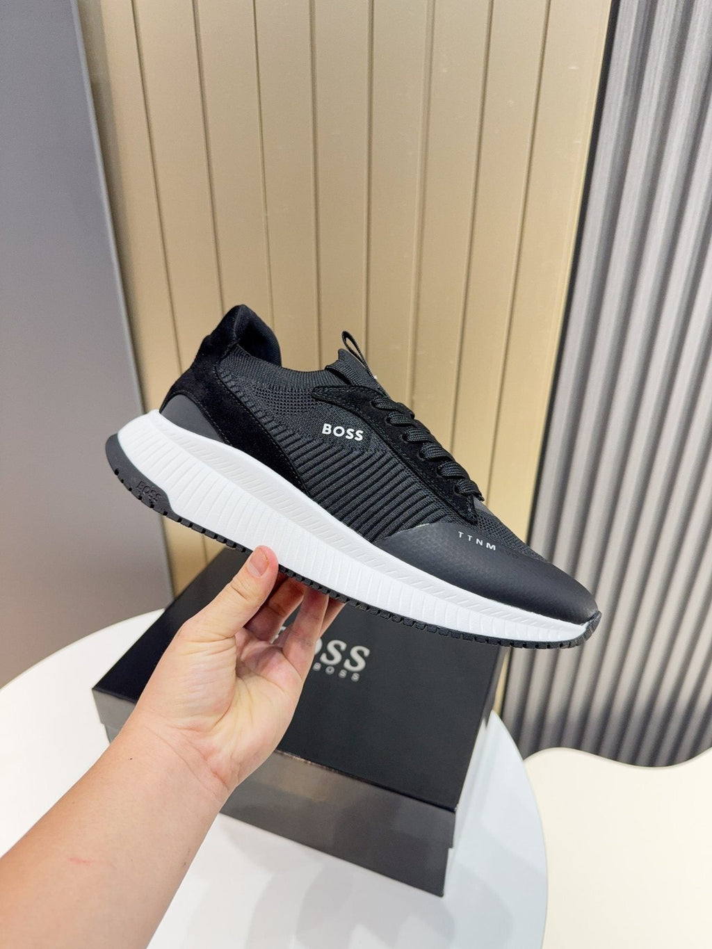 BOSS Knit Lace-Up Sneakers — model