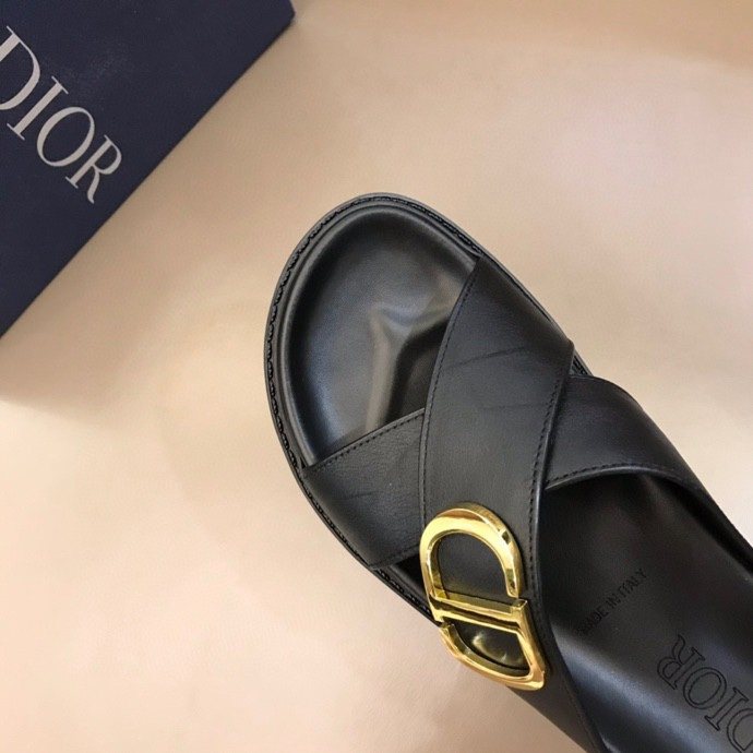 Dior Black Gold-Hardware Slide Sandals — detail
