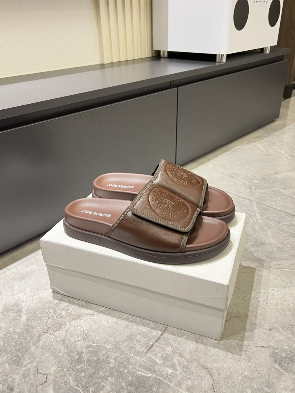 Burberry Embossed Check Slide Sandals — side