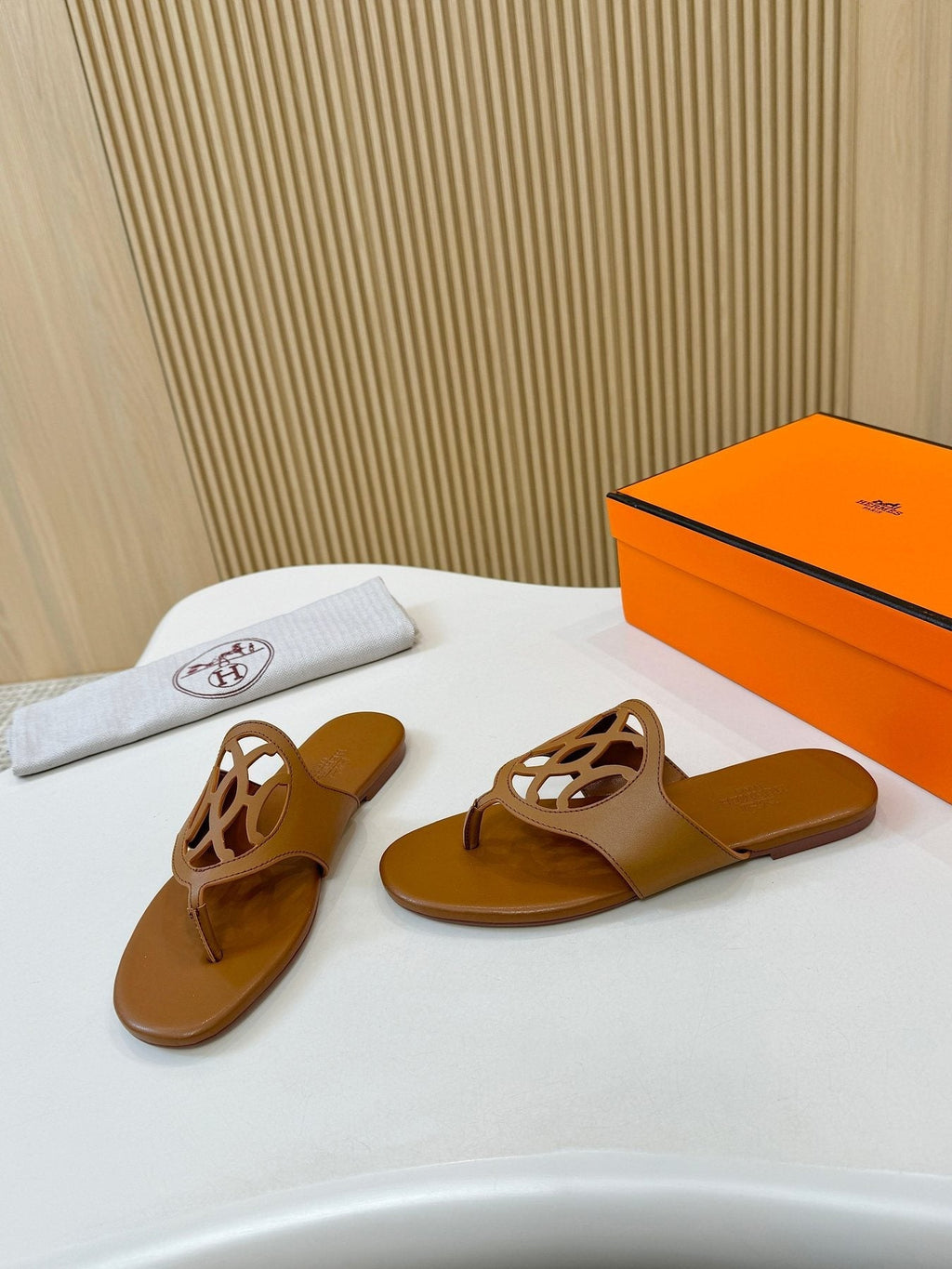 Hermès Tan Brown Cutout Thong Sandals — side