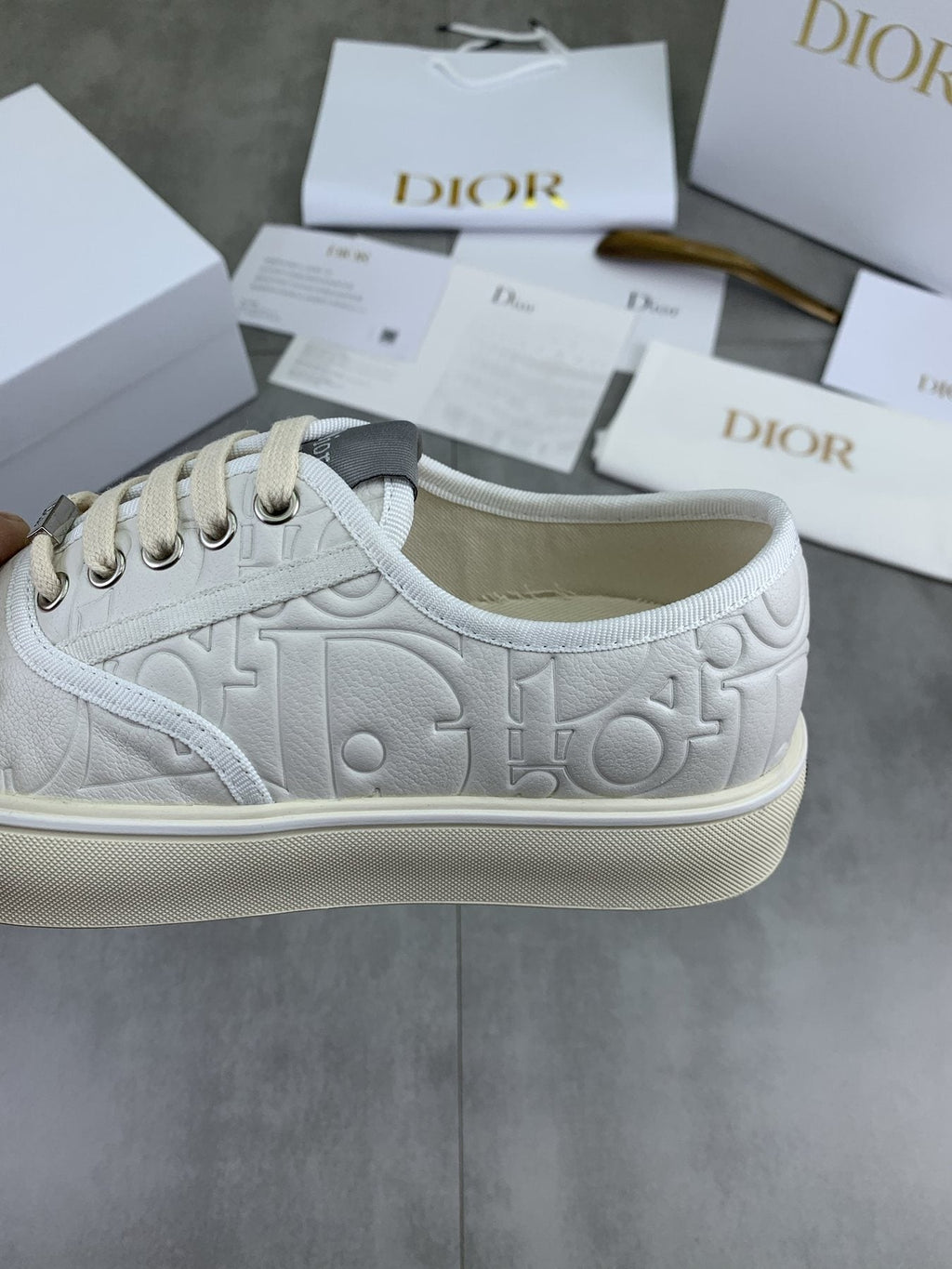 Dior White Embossed Low-Top Sneakers — side