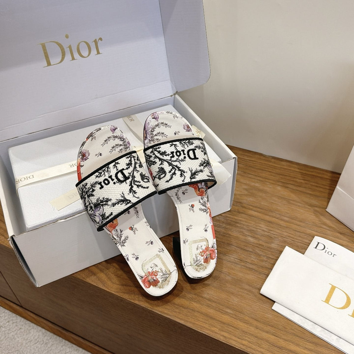 Dior Floral Embroidered Block-Heel Slide Sandals — front