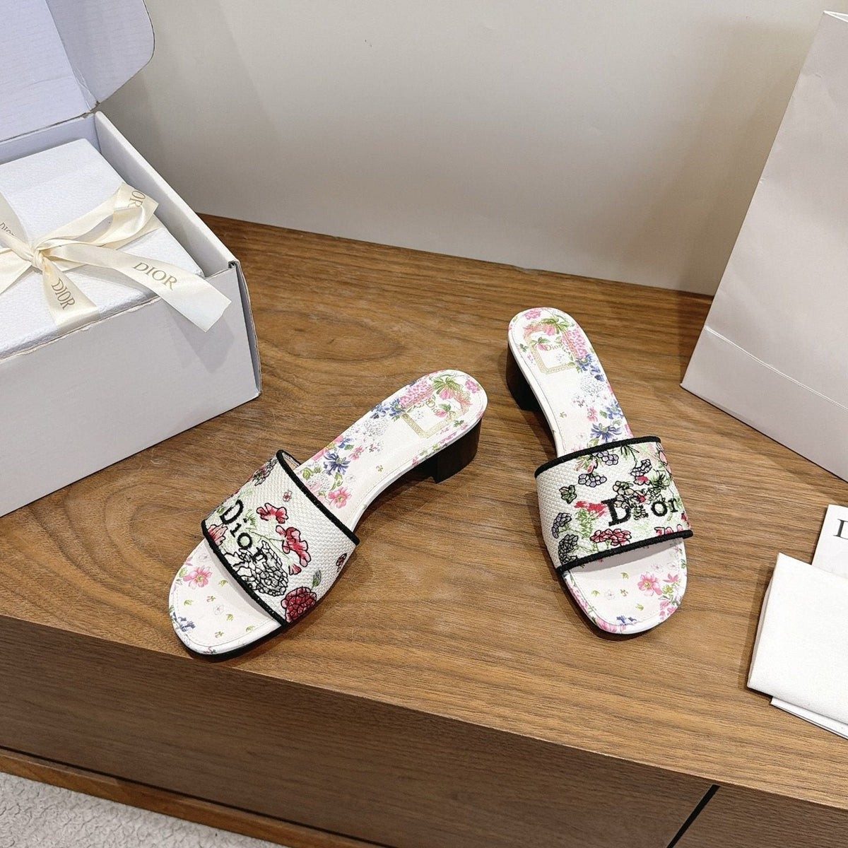 Dior Floral Embroidered Block-Heel Slide Sandals — side