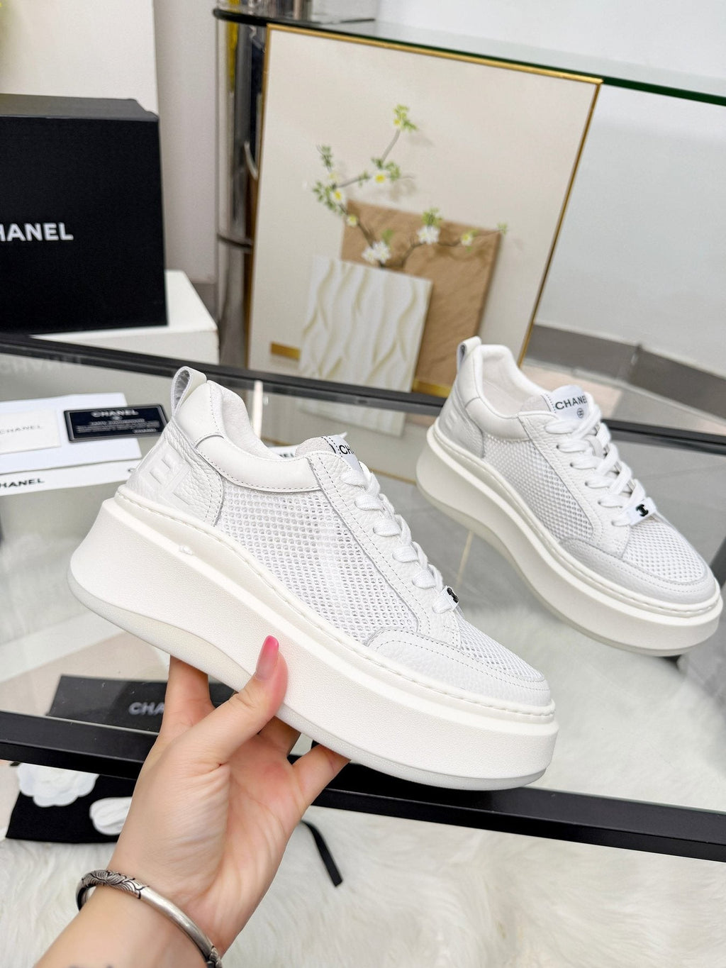 CHANEL White Platform Low-Top Sneakers — model
