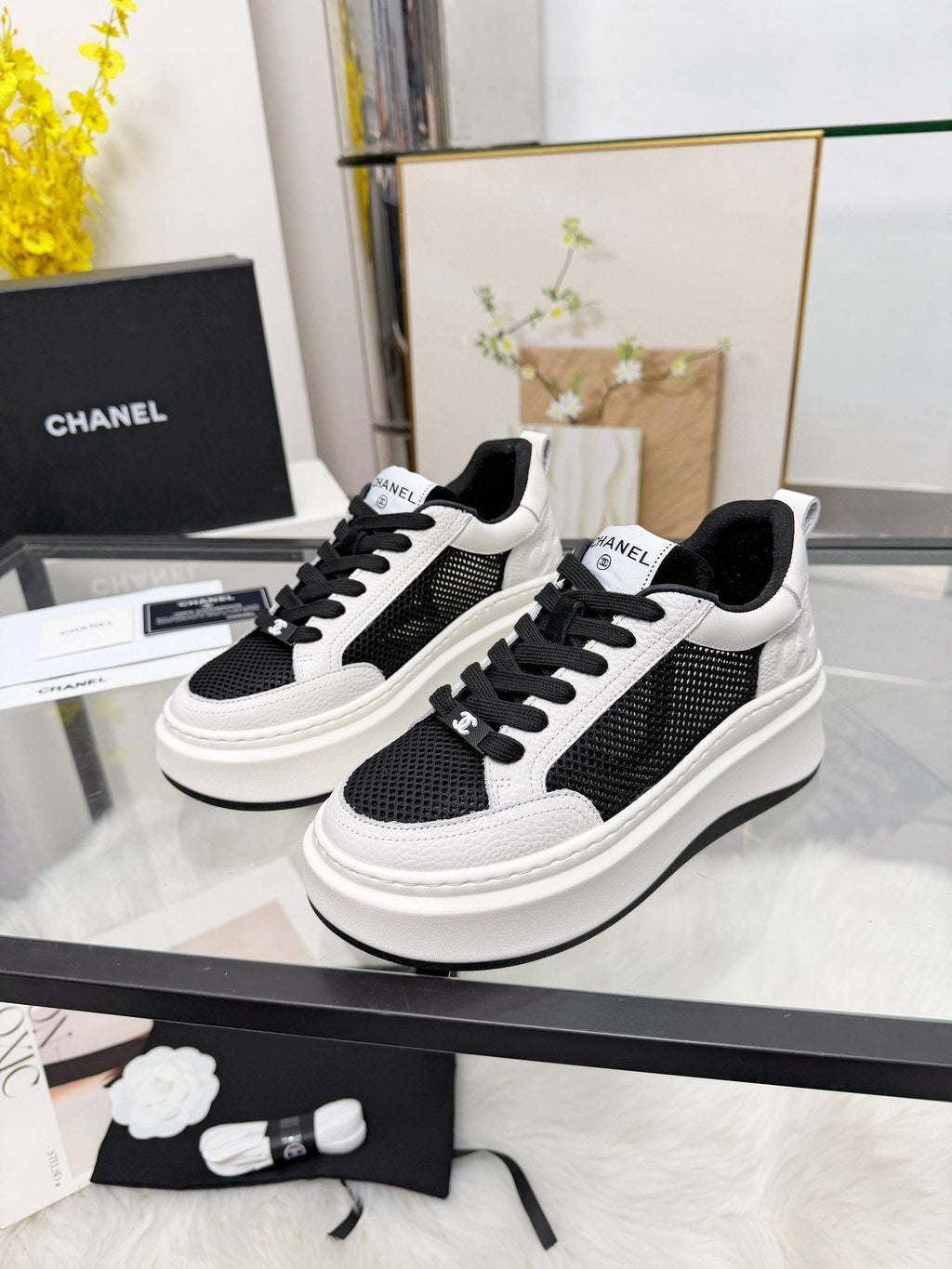 CHANEL White Platform Low-Top Sneakers — side