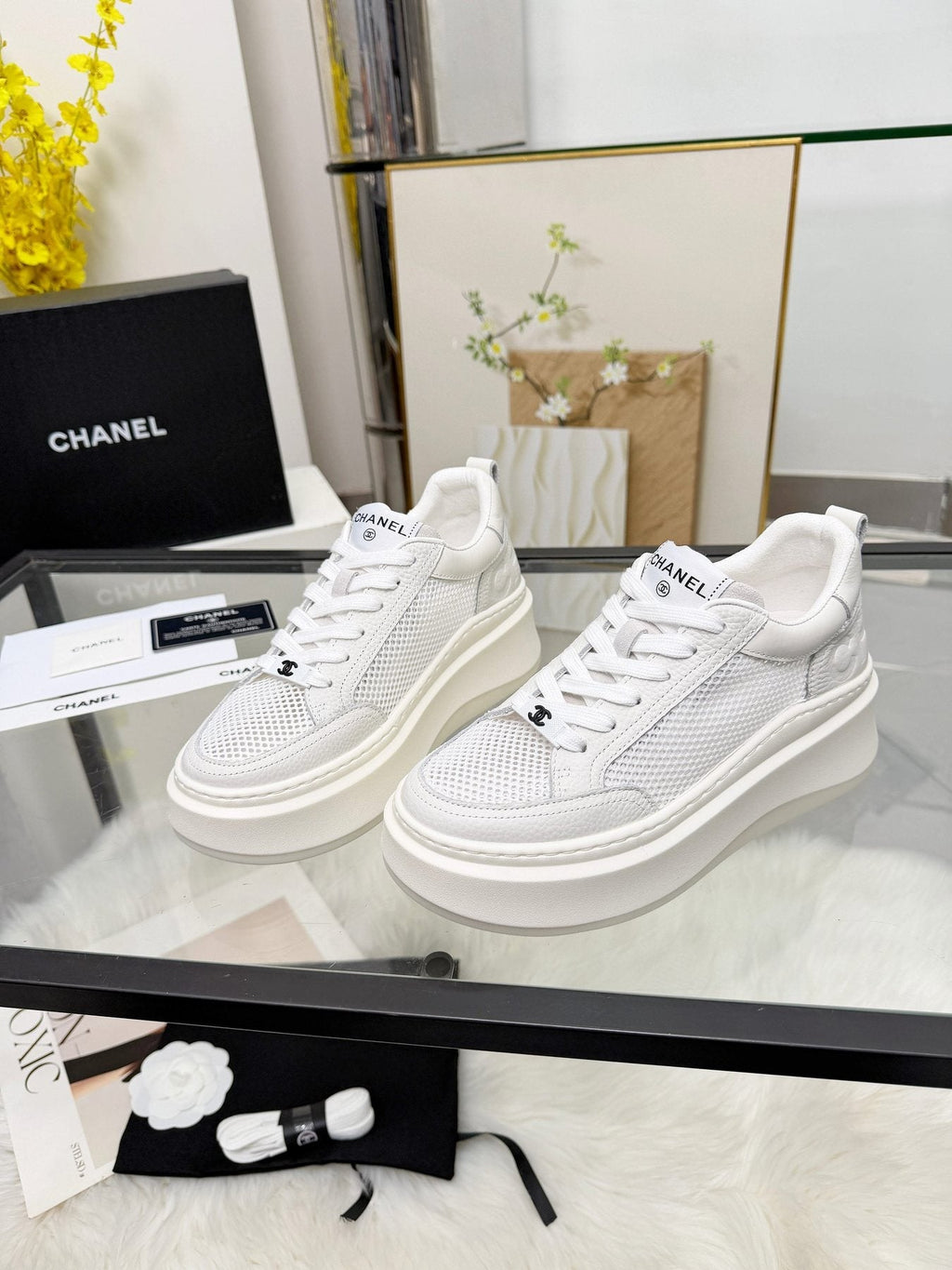 CHANEL White Platform Low-Top Sneakers — side