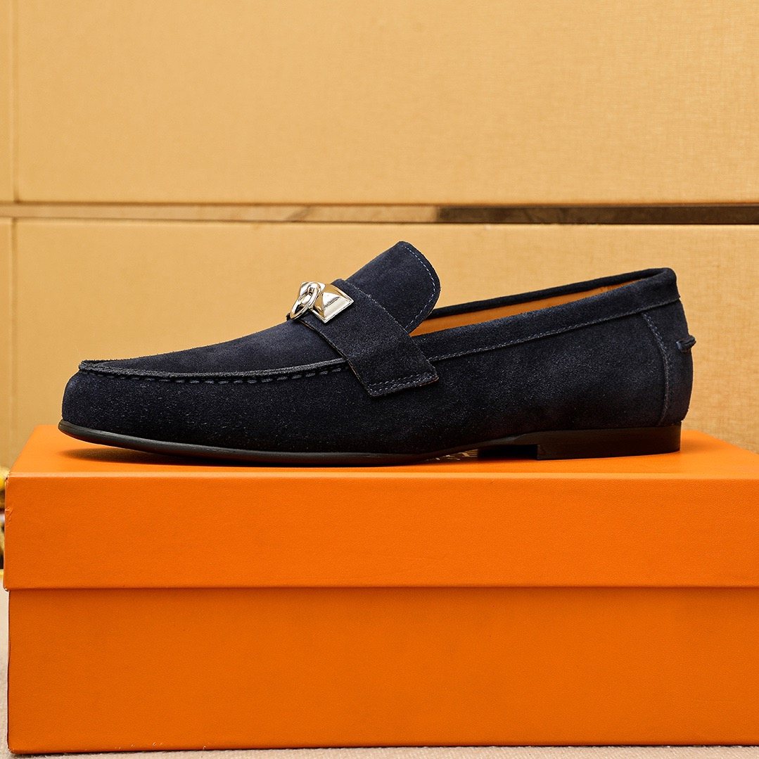 Hermès Suede-Finish Buckle Loafers — side