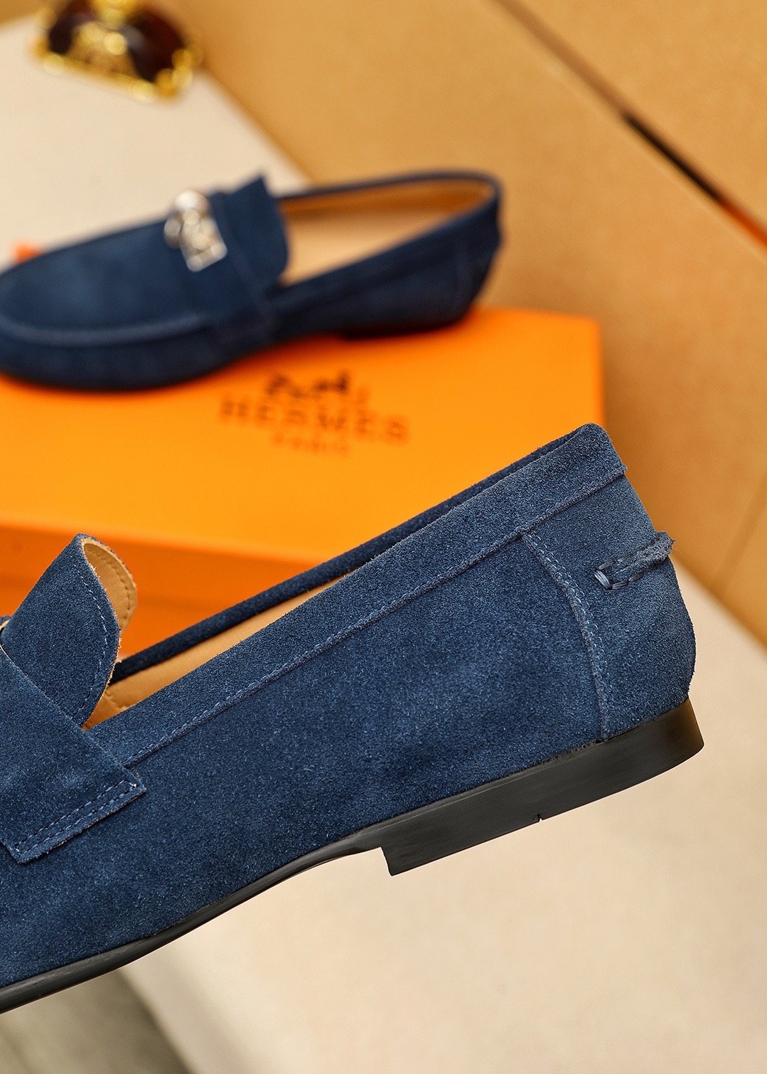 Hermès Suede-Finish Buckle Loafers — back