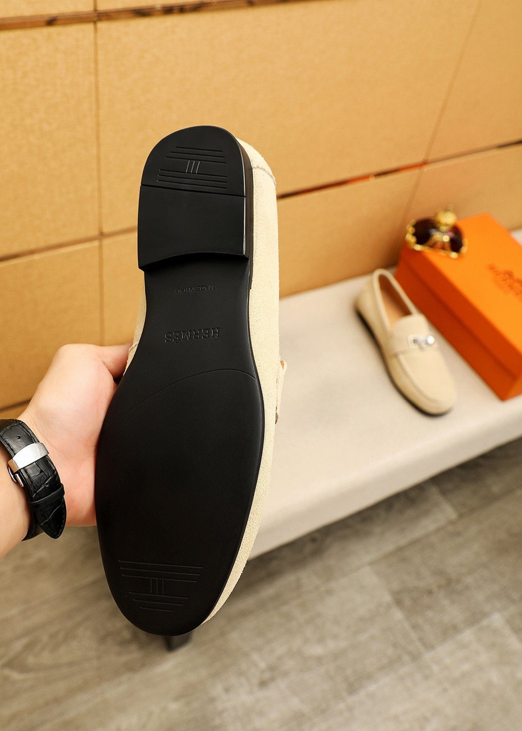 Hermès Suede-Finish Buckle Loafers — back