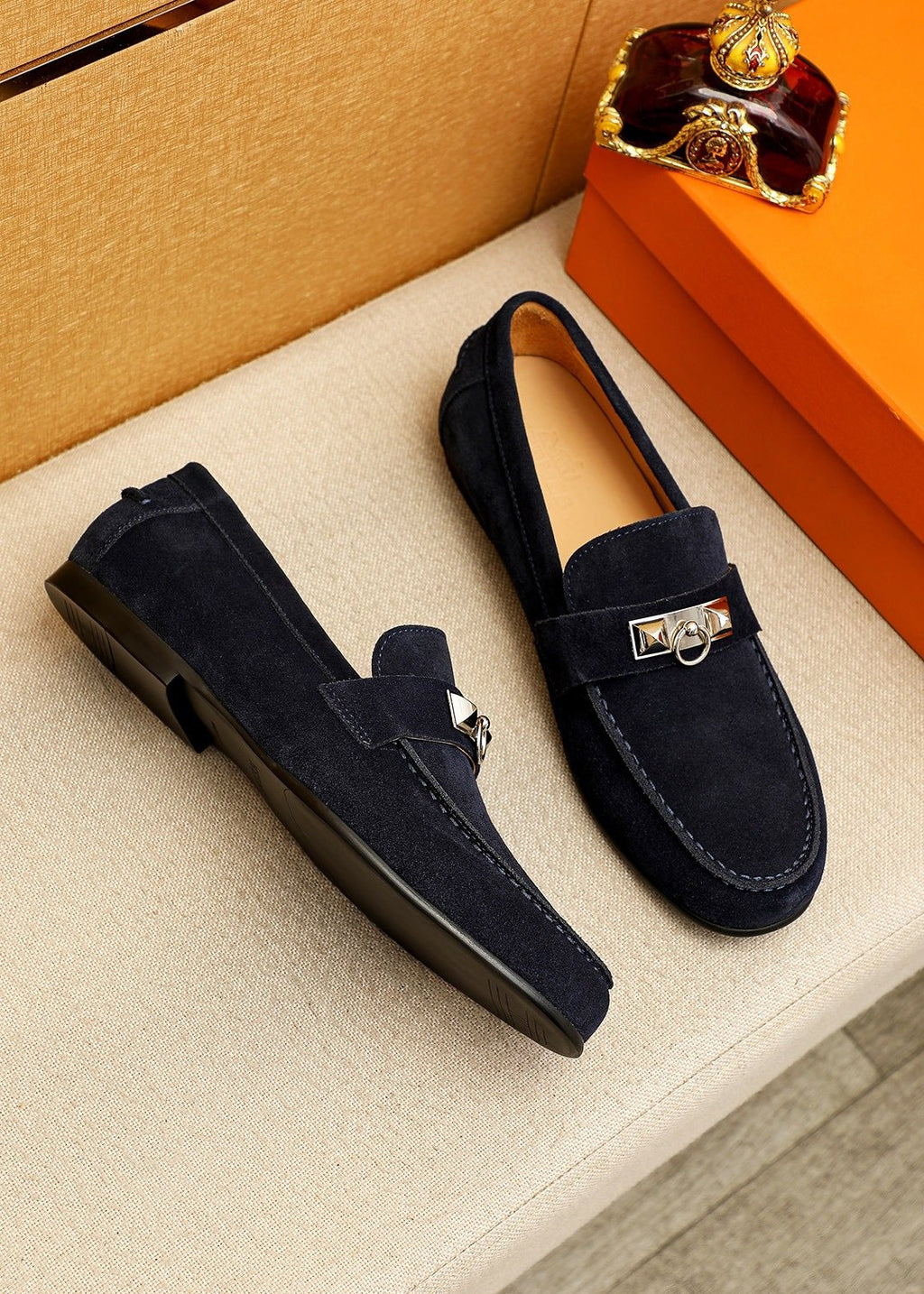 Hermès Suede-Finish Buckle Loafers — front