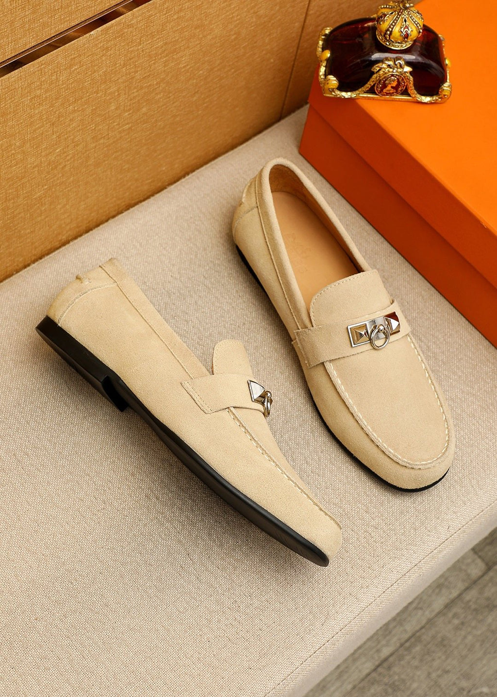 Hermès Suede-Finish Buckle Loafers — front