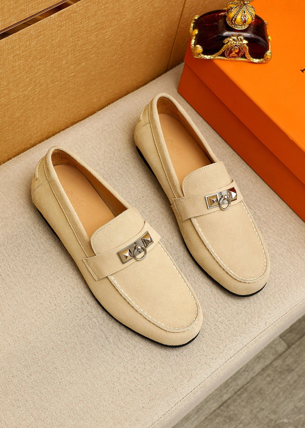 Hermès Suede-Finish Buckle Loafers — hero