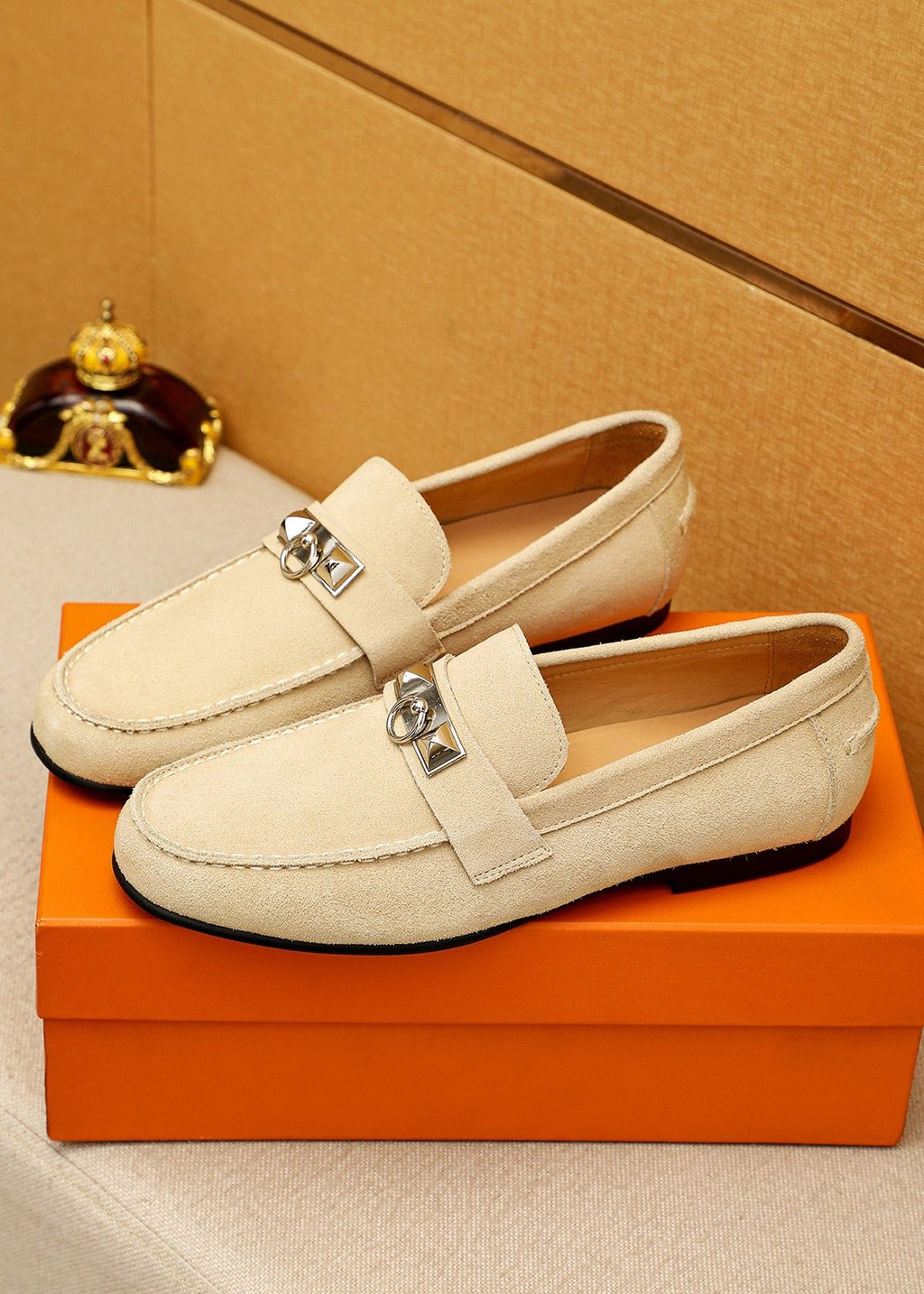 Hermès Suede-Finish Buckle Loafers — front