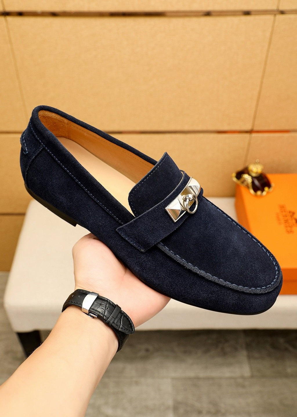 Hermès Suede-Finish Buckle Loafers — model