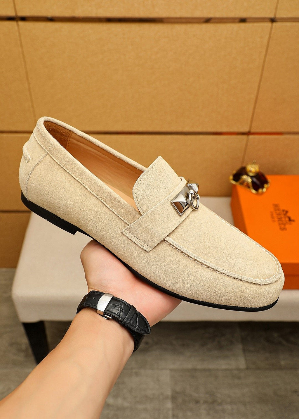 Hermès Suede-Finish Buckle Loafers — model