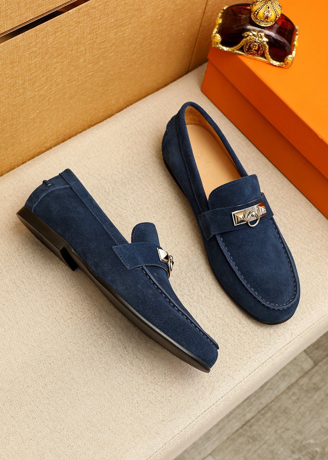 Hermès Suede-Finish Buckle Loafers — front
