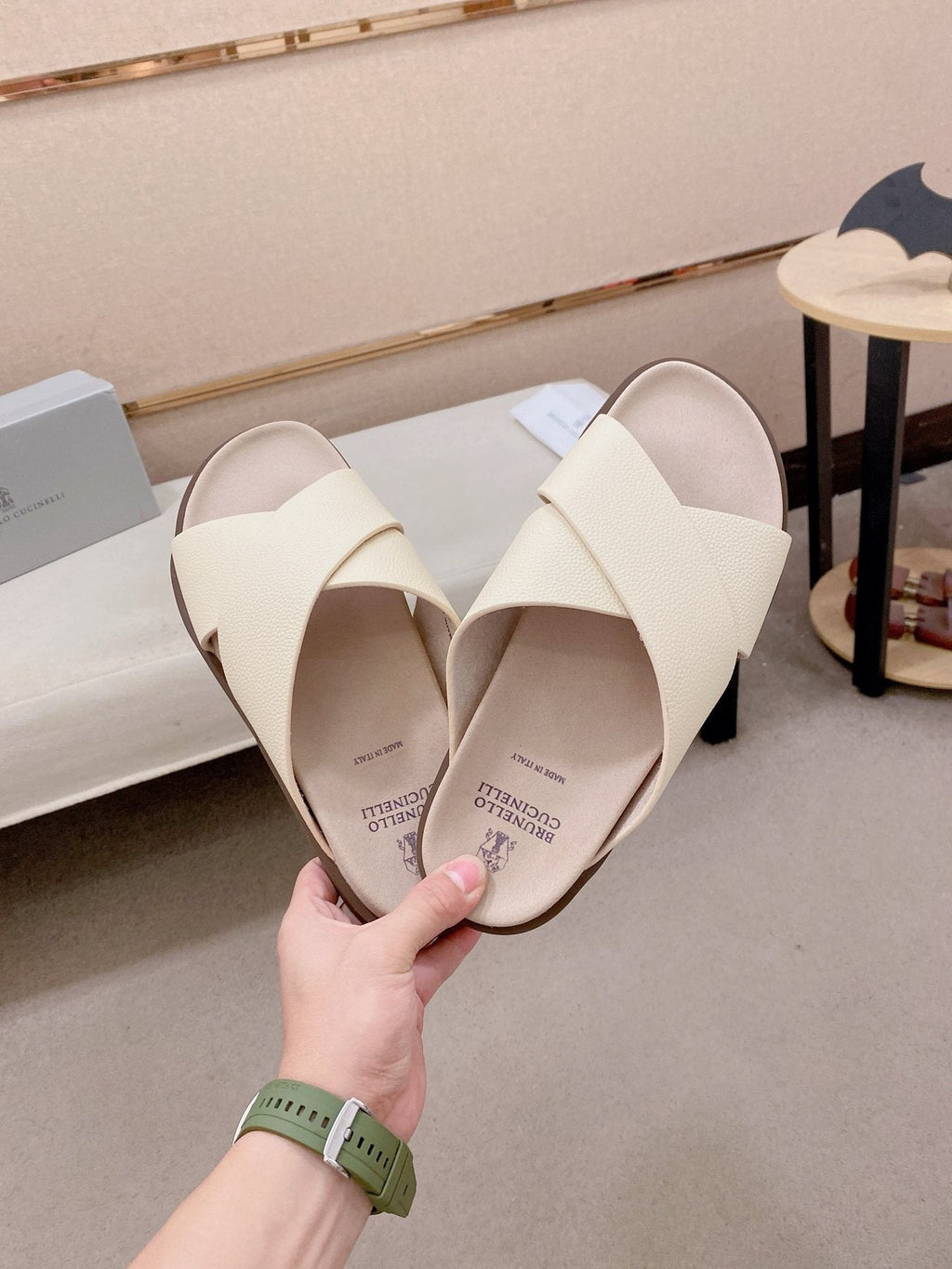 Brunello Cucinelli Cross-Strap Slide Sandals — front