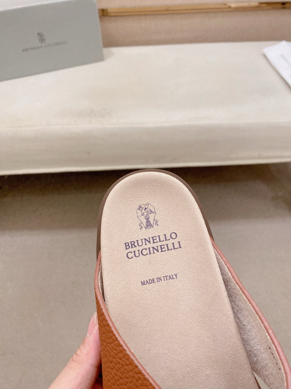 Brunello Cucinelli Cross-Strap Slide Sandals — label
