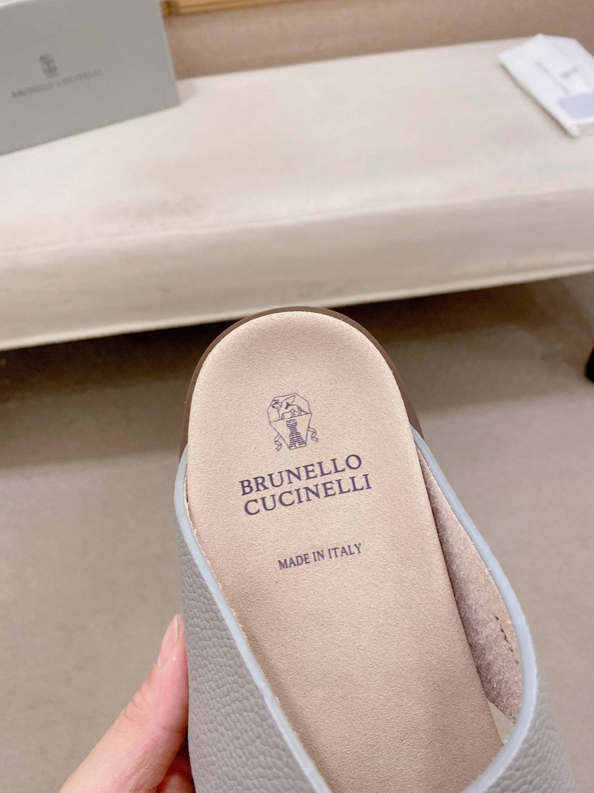 Brunello Cucinelli Cross-Strap Slide Sandals — label