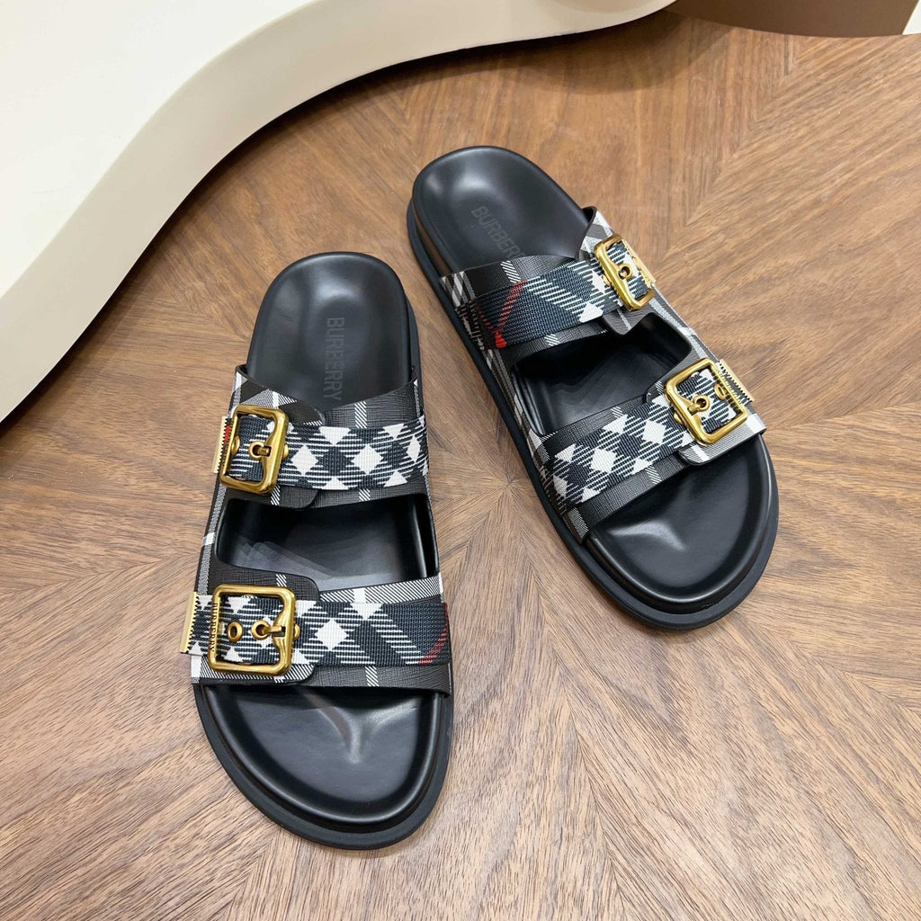Burberry Plaid Buckle Slide Sandals — front