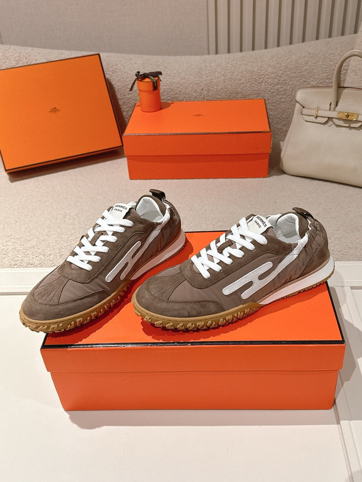 Hermès Taupe Brown H-Detail Sneakers — side