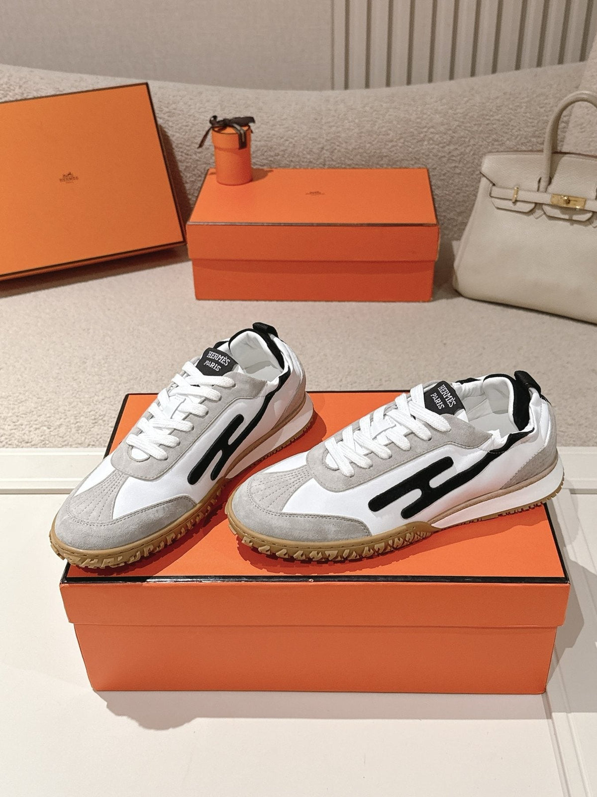 Hermès Taupe Brown H-Detail Sneakers — front