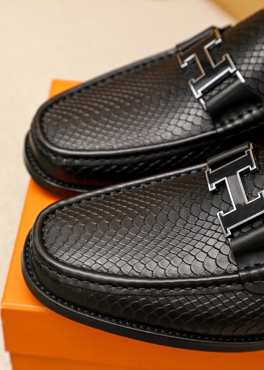 Hermès Textured Hardware Loafers — detail