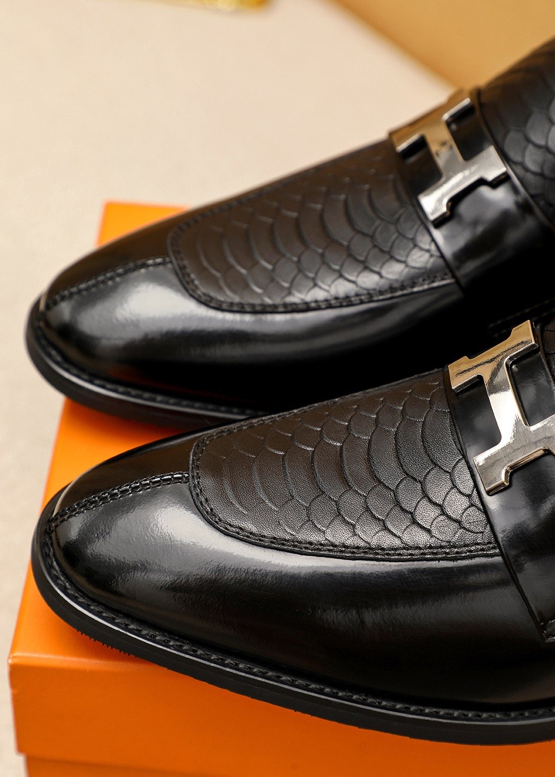 Hermès Textured H-Hardware Loafers — detail