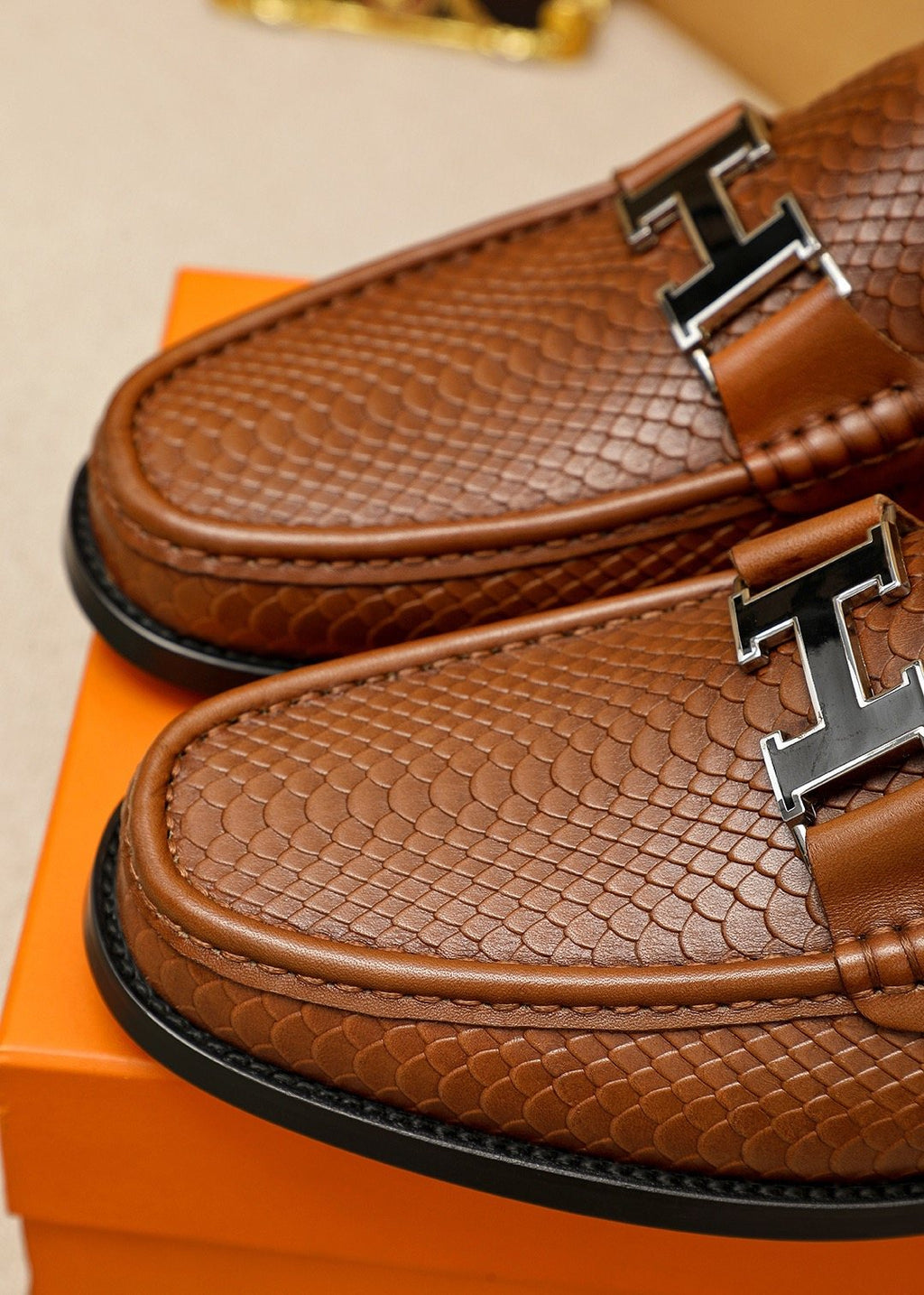 Hermès Textured Hardware Loafers — detail