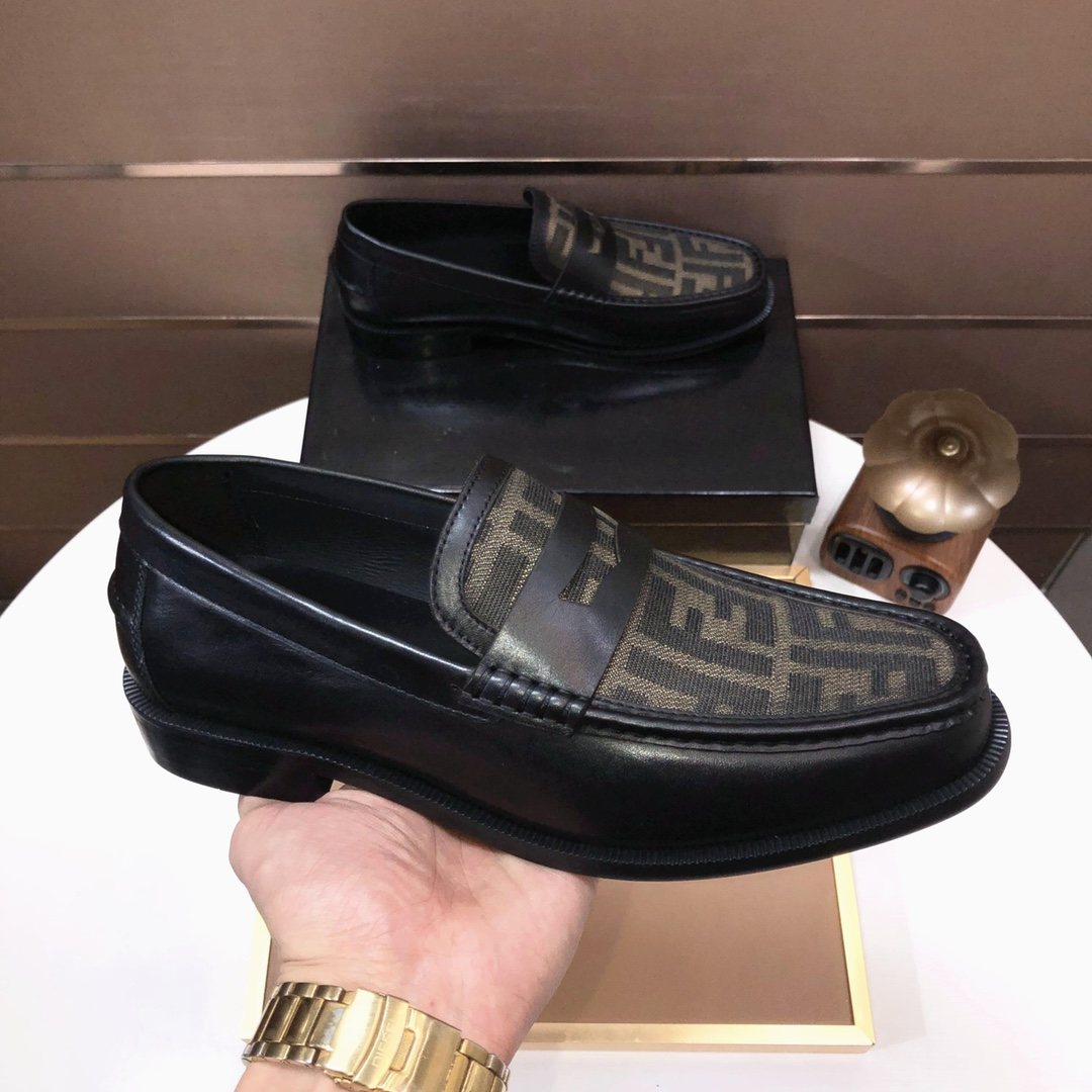 Fendi Black & Brown Monogram Loafers — side