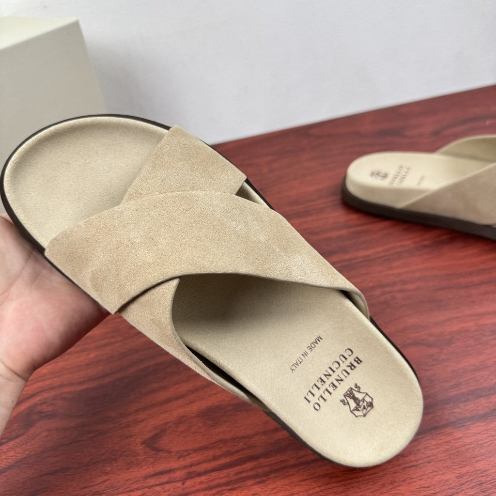 Brunello Cucinelli Cross-Strap Slide Sandals — model
