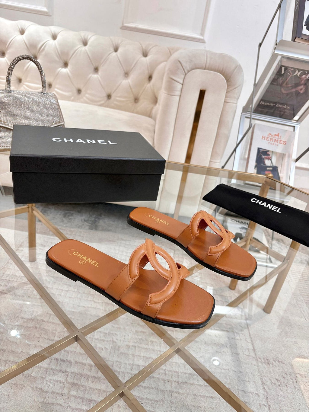 Chanel Embossed Logo Slide Sandals — front