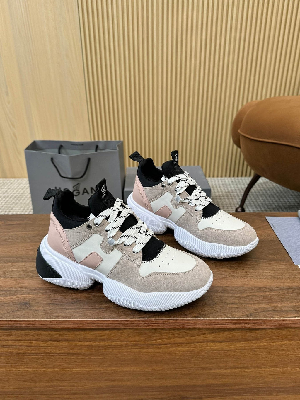 HOGAN Beige and Black Chunky Sneakers — side