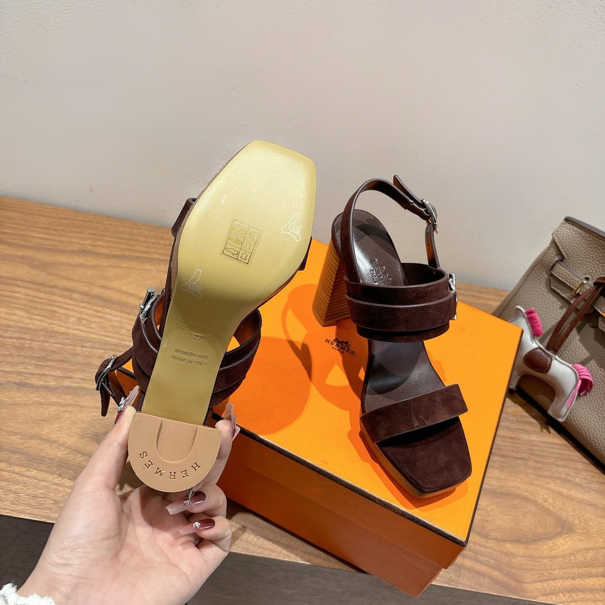 Hermès Square-Toe Block-Heel Sandals — front